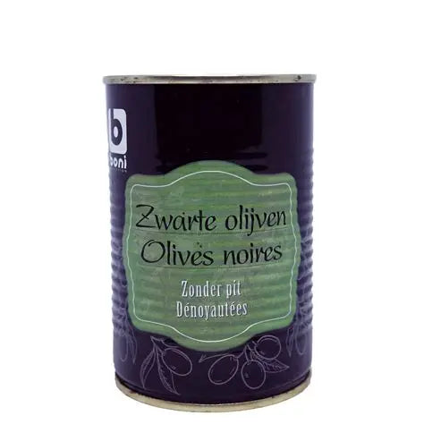 BONI PITTED BLACK OLIVES CAN 400G (12)(144)